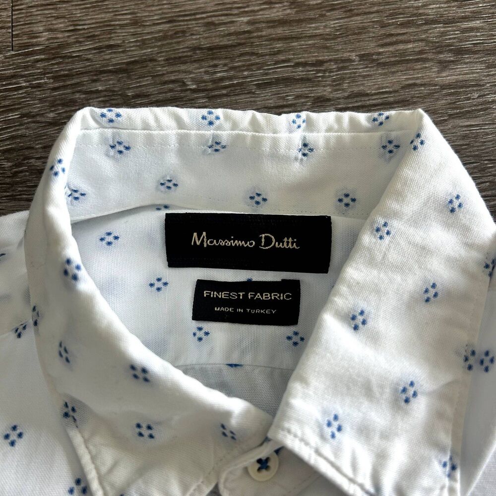 Massimo Dutti 100% Cotton White Button-Up Shirt Blue Embroidered Dot Men's Small - Picture 2 of 10